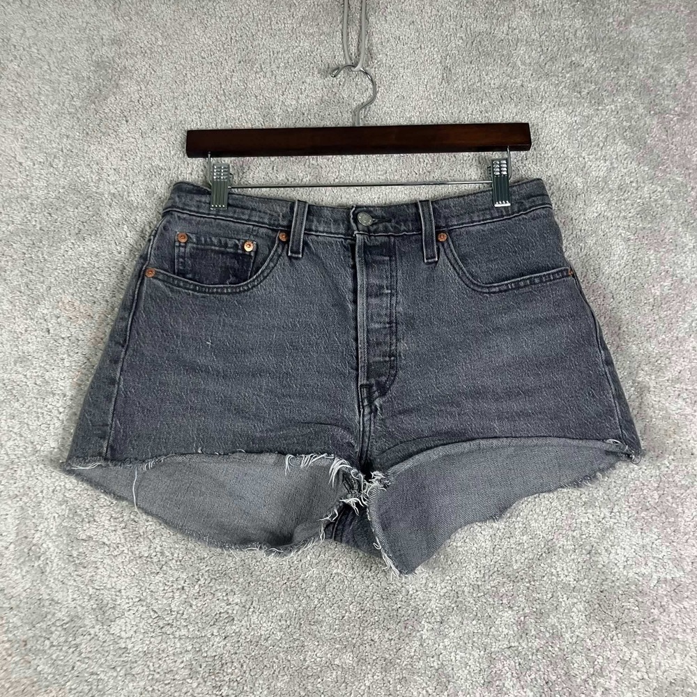 Levis 501 Original Cutoff Shorts Womens W28 Gray Black Denim High Rise Frayed